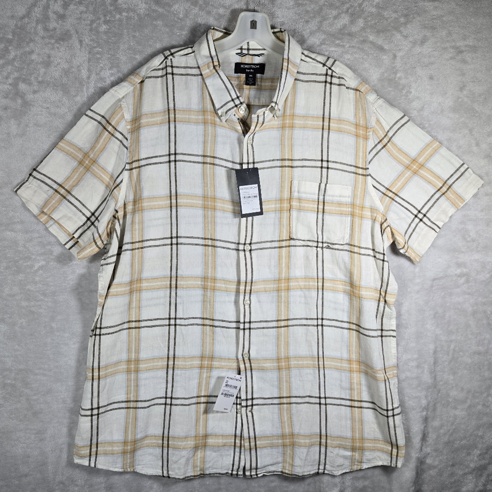 Nordstrom Trim Fit Button Down Linen Blend Shirt Mens Size 2XL XXL Plaid NWT